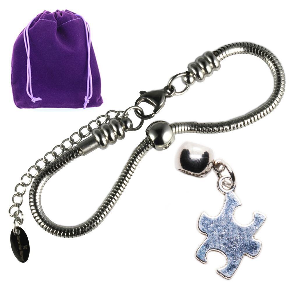 Puzzle Piece Charm Bracelet for Autism Awareness, Adjustable Stainless Steel